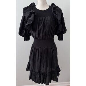 Magali Pascal Black Ruffled Puff-Sleeved‎ Cotton Silk Mini Dress Women's Size XS